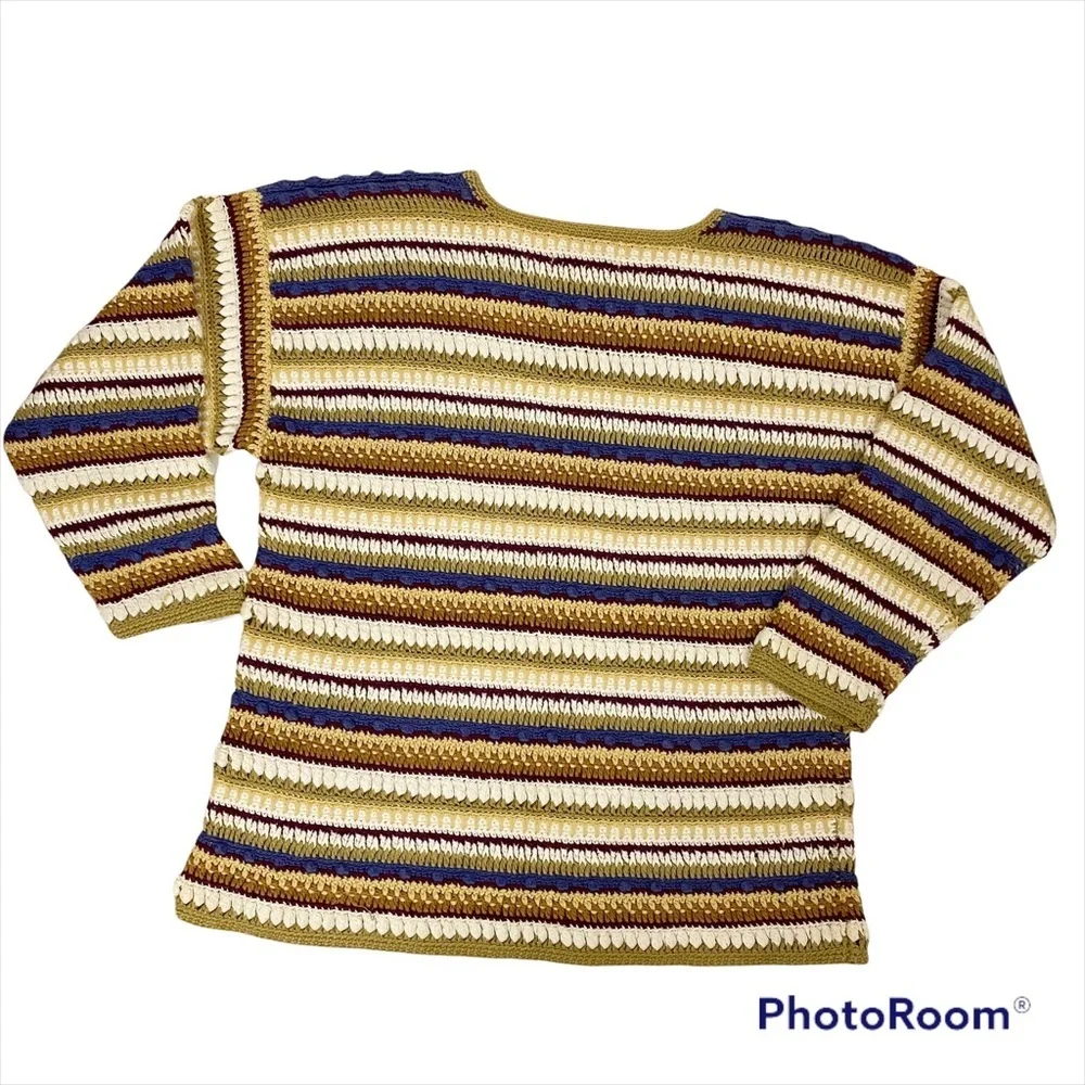 VINTAGE Jennifer Reed Hand Knitted Striped Ramie Cotton Sweater Medium